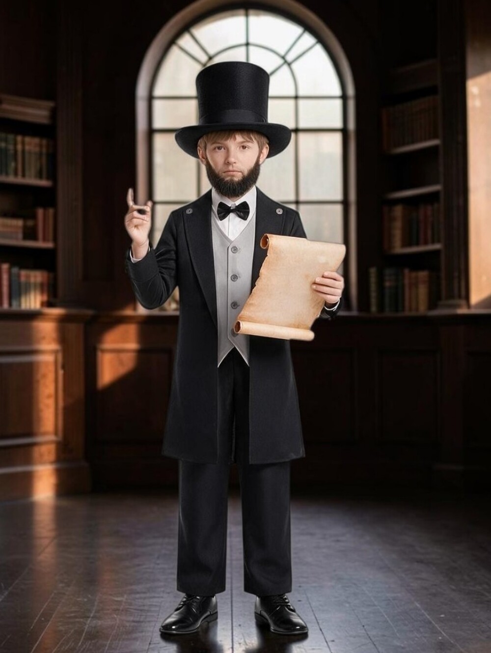 Classic Black Abraham Lincoln Kids Costume with Gray Vest, XL